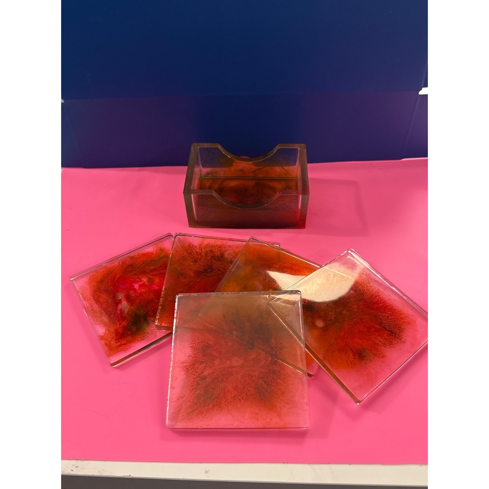 Handmade Resin Coaster Set with Holder Red Orange Alcohol Ink Abstract 6 Piece